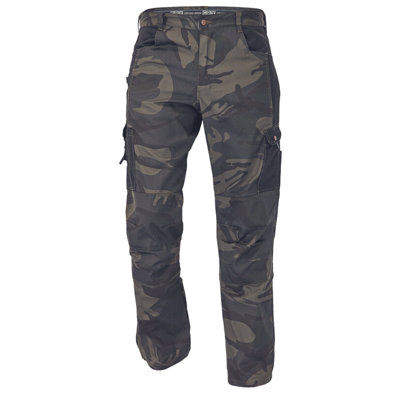 Nohavice CRAMBE do p&aacute;sa camouflage hned&aacute; L