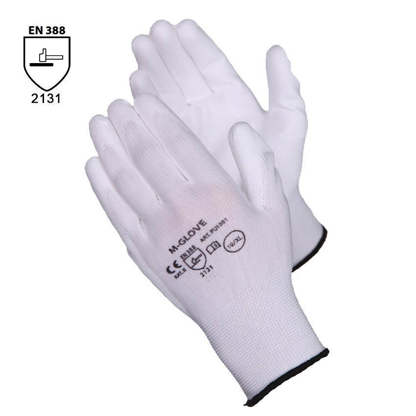 Pracovné rukavice M-GLOVE biele máčané v polyuretáne Pracovné rukavice M-GLOVE biele máčané v polyuretáne